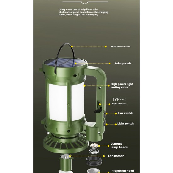 كشاف وشاحن موبايل ومروحة للرحلات والسفارى يعمل بالطاقة الشمسية