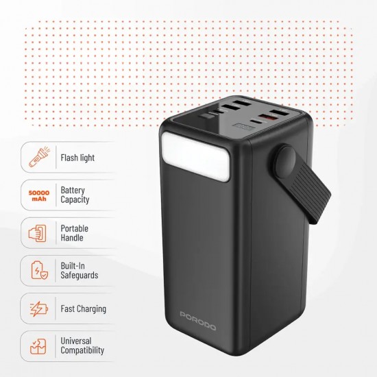 Porodo Power Bank 50000mAh with Integrated Cables Flashlight Black