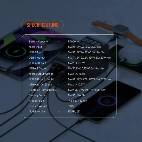 Porodo Power Bank 50000mAh with Integrated Cables Flashlight Black